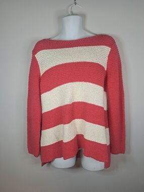 Chico's Coral Cream Striped Knit Sweater Gold Colored Thread Size 3 Equal To XL